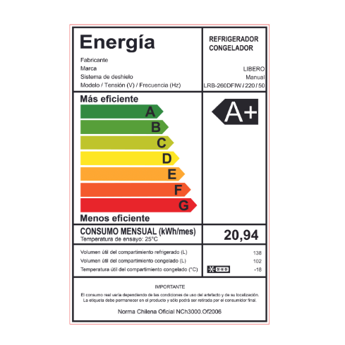 REFRIGERADOR LFB-260DFIW 240LT DISP. 254