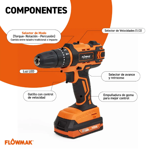 TALADRO INALAMBRICO 10MM + 1 BATERÍA 18V 2AH
